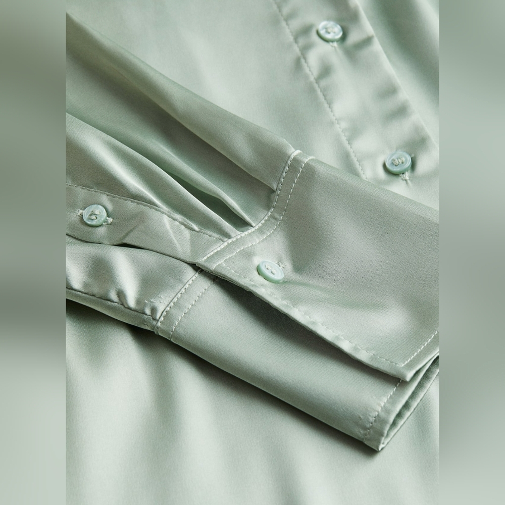 EUC H&M Sage Green Satin Button Front Classic Loose Fit Small Blouse - Picture 6 of 8